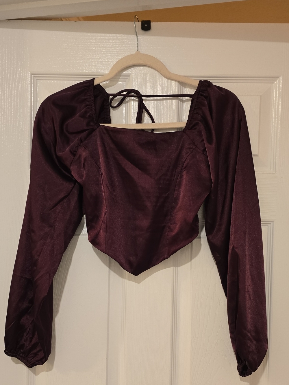 Altar'd State Plum Satin Long-Sleeve Tie-Back Crop Top